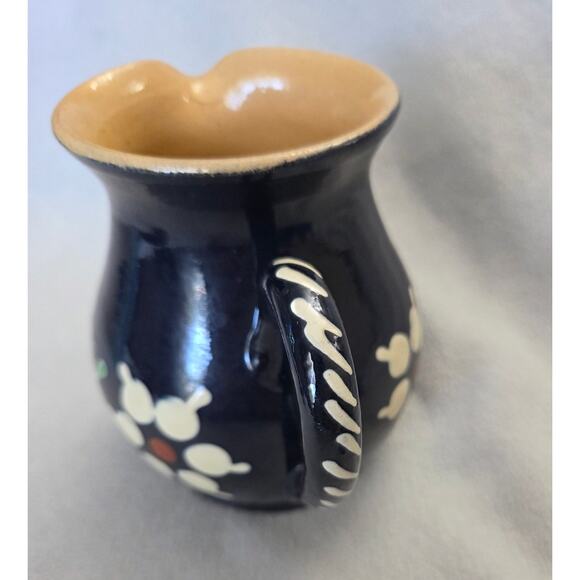 Vintage French Dark Blue Pottery Milk Pitcher Floral Vase Blue White - Picture 5 of 11